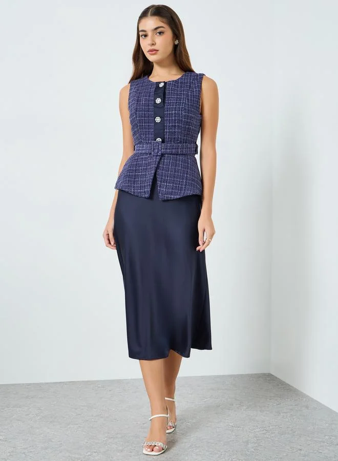 Styli Women Belted Tweed Look Midi Dress